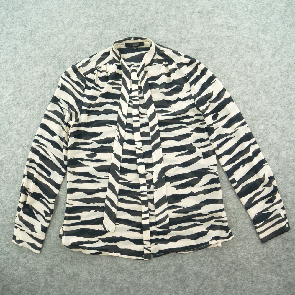 Allsaints Top Womens Medium Black White Toni Zephyr Zebra Tie Neck Button Sheer